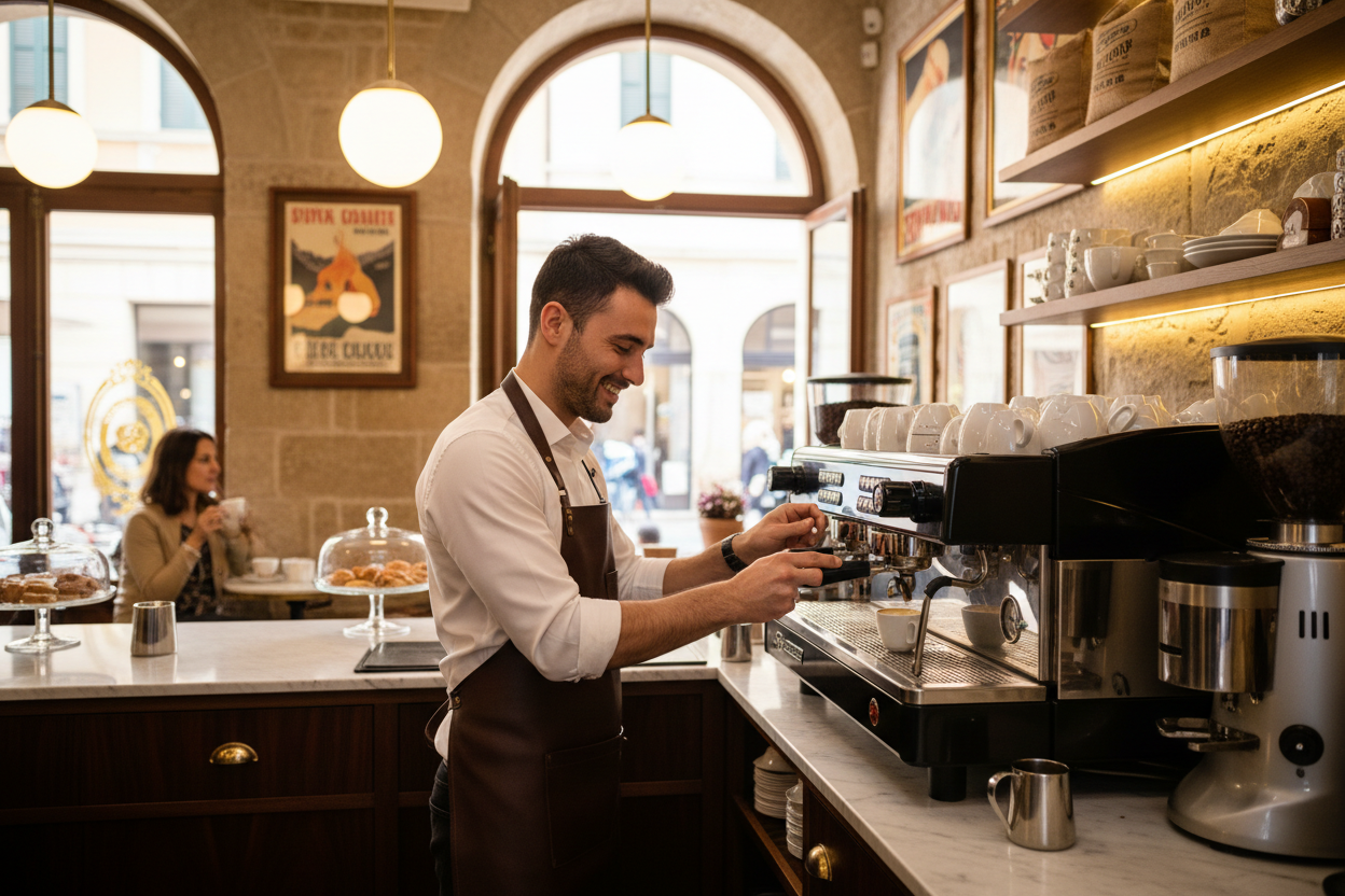 barista feliche che usa una macchina da espresso in un bel bar