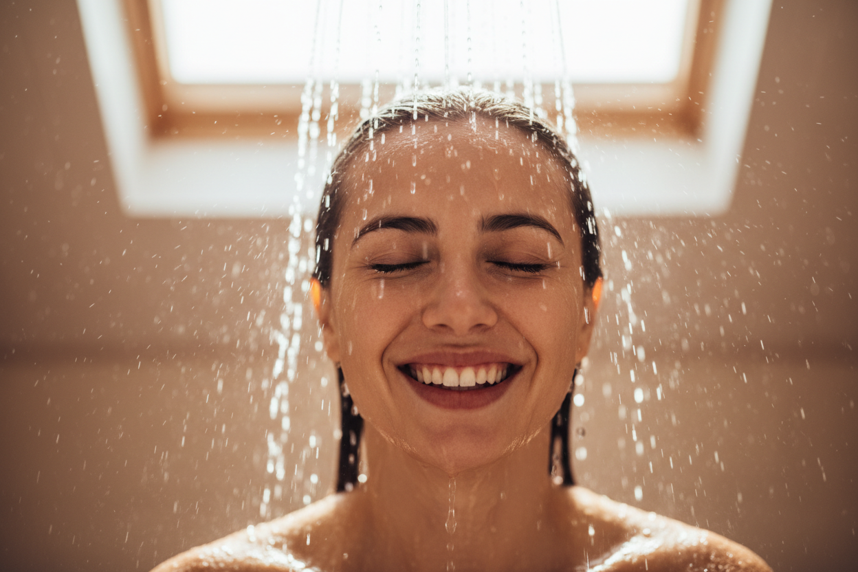 viso di persona felice sotto la doccia